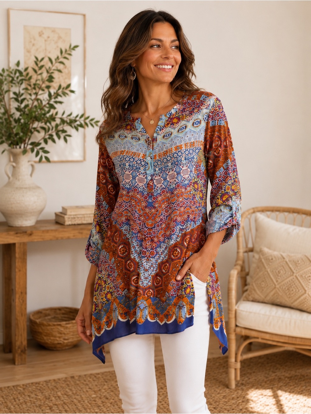 Soft Surroundings Geneva Tunic XS Boho Sharkbite Hem Mosaic Print